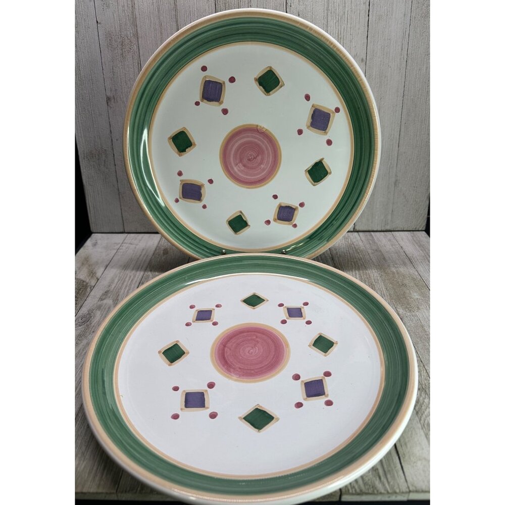 Vtg Caleca Belvidere Geometric Dinner Plate Hand Painted Italy 11" DIA Set of 2